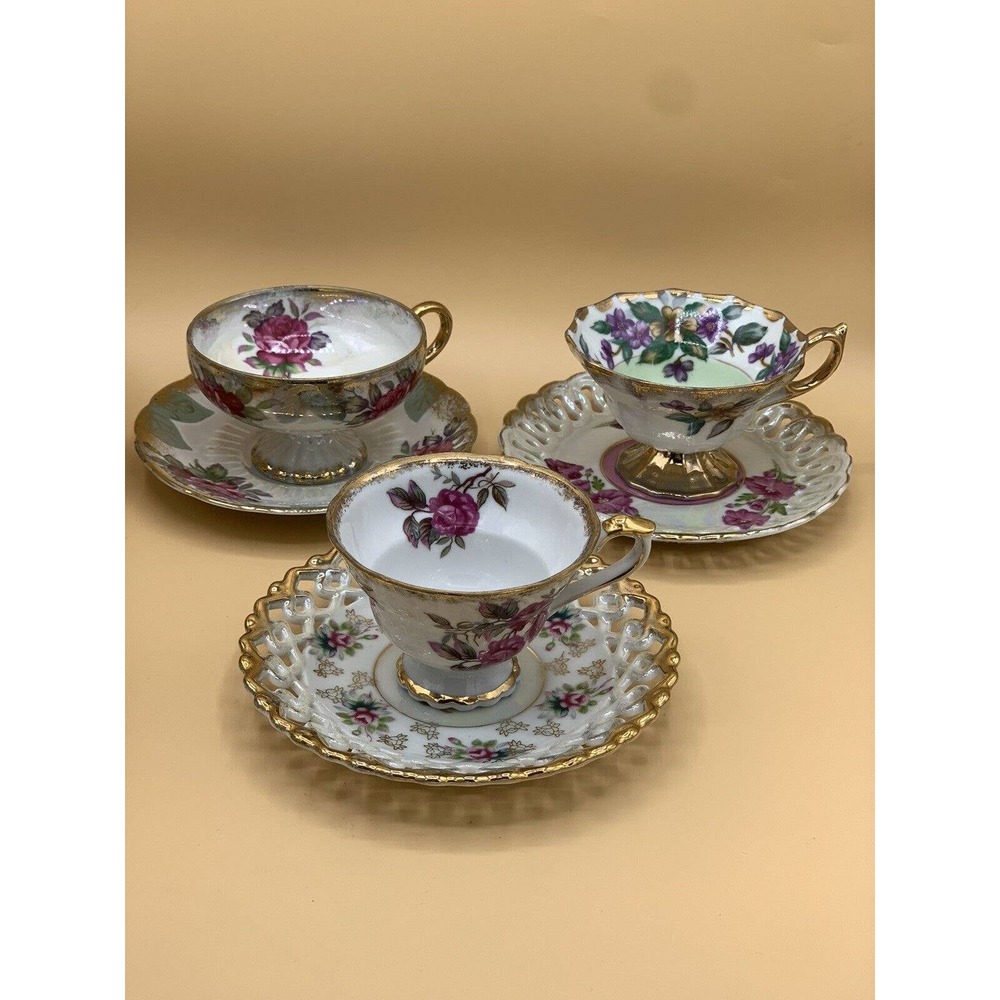Japanese Bone China Tea Cups & Saucers Set of 3 Flowers And Gold trim